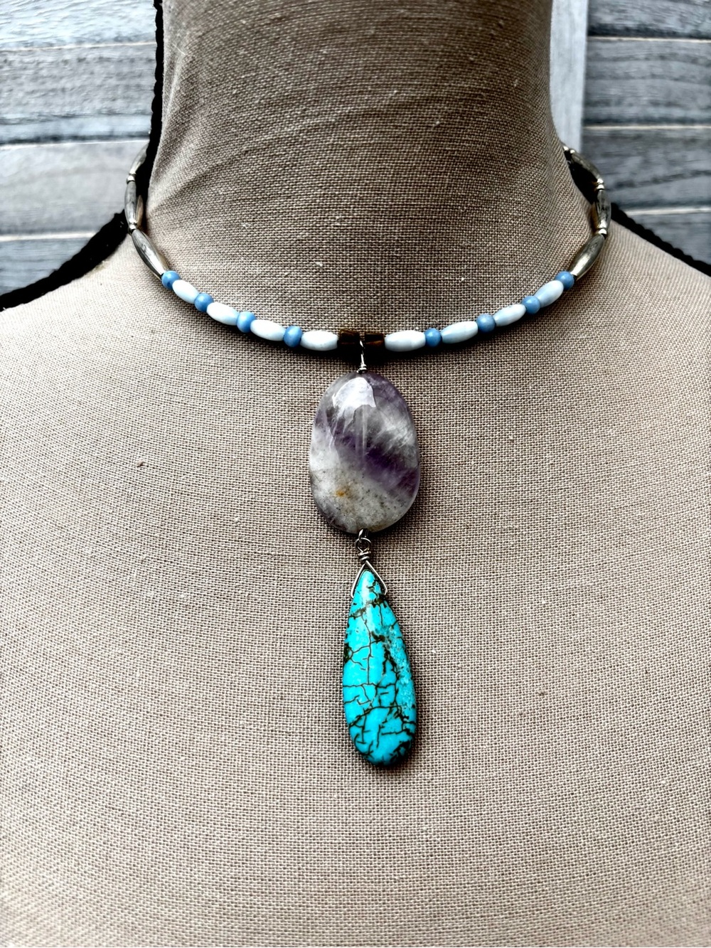Man made Turquoise & Amethyst Beaded Choker Necklace